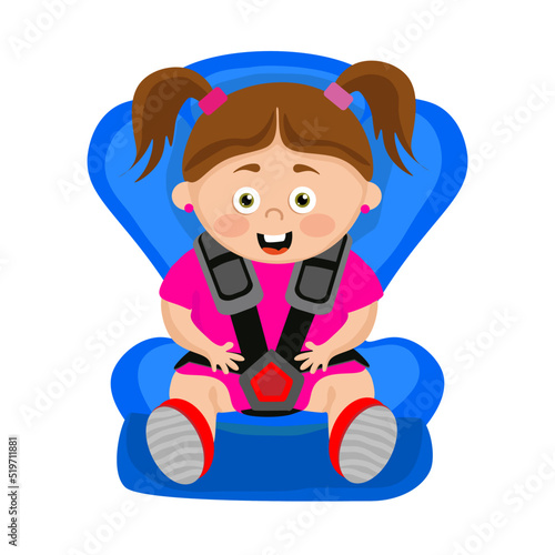 Vector illustration of a beautiful child seat. Safety belt. Cartoon the character of a happy child in a car seat.
