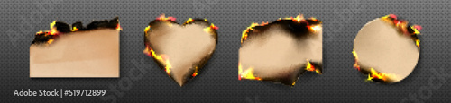 Burn craft paper borders, brown burnt pages with smoldering fire on charred uneven edges, damaged parchment sheets in flame with ashes isolated on transparent background Realistic 3d vector set