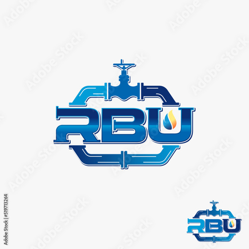 Simple and unique letter or word RBU with valve, pipe, water, and gas image graphic icon logo design abstract concept vector stock. Can be used as symbol related to plumbing or energy