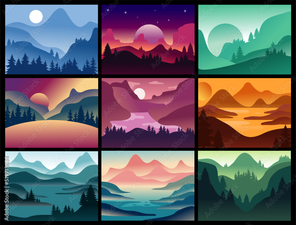 Vector illustration. of mountain landscapes in a flat style.Colorful silhouette with trees pines firs Flat style vector illustration