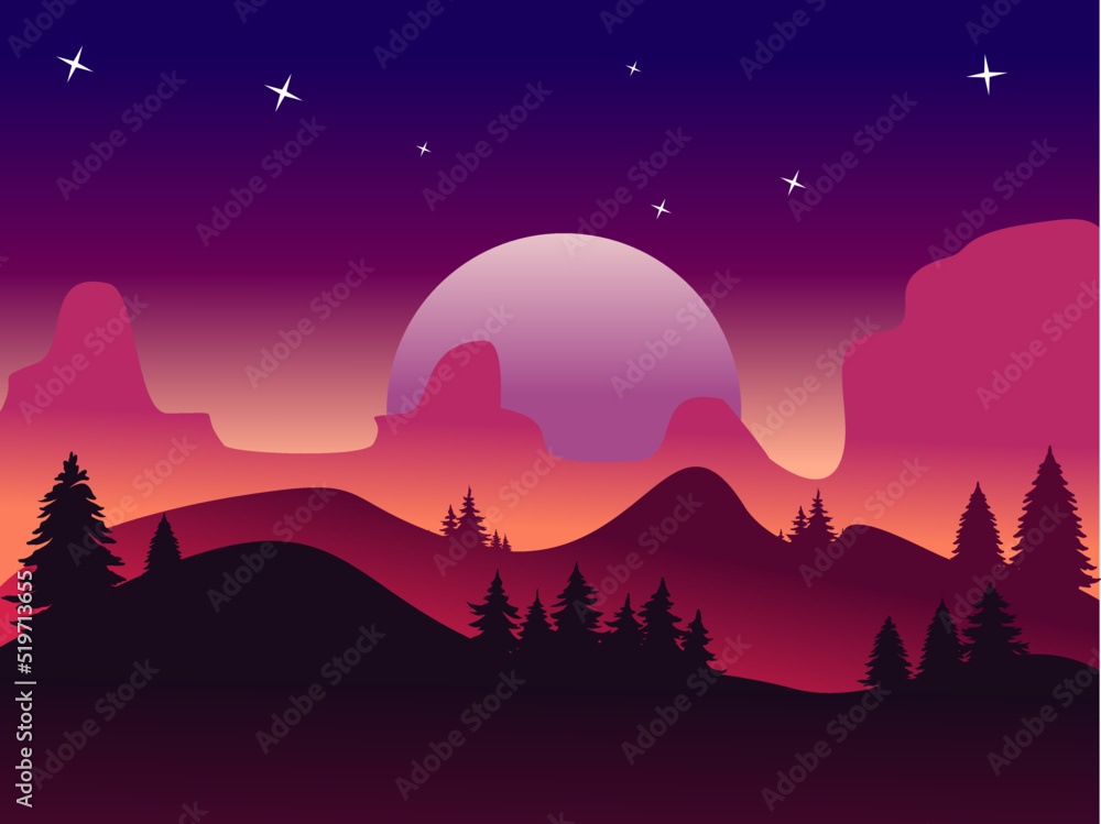 Vector illustration. of mountain landscapes in a flat style. Natural wallpapers. Organic minimalis. Sunrise, misty terrain with slopes, mountains near the forest. Clear sky Vector illustration. of mountain landscapes in a flat style. Natural wallpapers. Organic minimalis. Sunrise, misty terrain with slopes, mountains near the forest. Clear sky