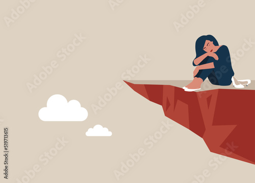 Young girl sitting on the edge of the cliff, a depressive episode. Mental health treatment, care and understanding about depression illness.