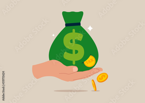 Male hand holding big money bag of revenue been spotted with dollar coin loss with the word tax. Tax payment or losing money without tax planning.