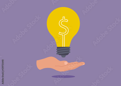 Hand hold brightly lit money dollar lightbulb idea. Enlighten money idea, investment and savings with high profit, business idea to make money or profit.
Hand hold brightly lit money dollar lightbulb 