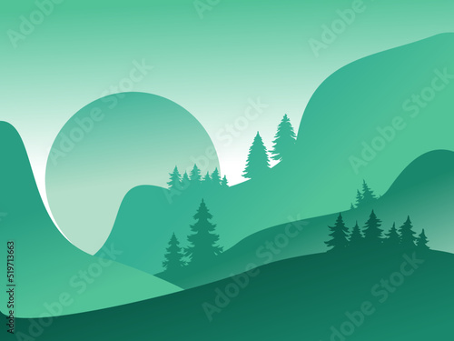 Vector illustration. of mountain landscapes in a flat style. Natural wallpapers. Organic minimalis. Sunrise, misty terrain with slopes, mountains near the forest. Clear sky © Yuliantart