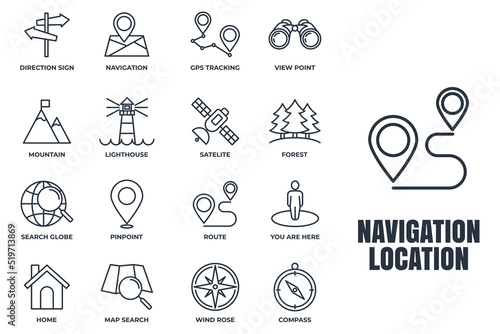 Set of Navigation location icon logo vector illustration. location pack symbol template. home, pinpoint, direction sign, compass and more for graphic and web design collection