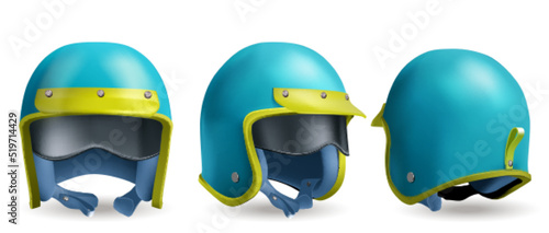 Motorcycle helmet for moto race and ride on scooter. Vector realistic illustration of 3d retro blue helmet with yellow visor and glasses in front, back and angle view isolated on white background