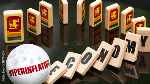 Sri Lanka and hyperinflation, economy and domino effect - chain reaction in Sri Lanka set off by hyperinflation causing a crash - economy blocks and Sri Lanka flag,3d illustration