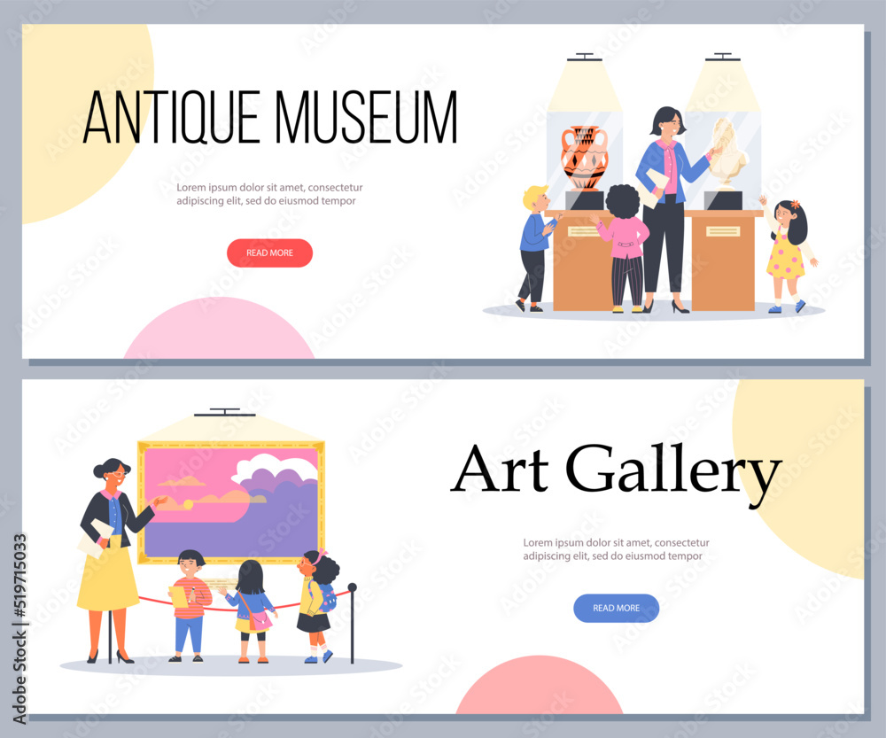 Antique museum and art gallery tours for kids flyers, flat vector illustration.