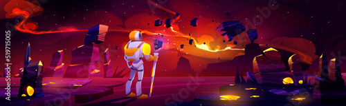 Astronaut on alien planet in far galaxy. Cosmonaut in suit and helmet holding staff look on dark starry sky with glowing nebula in space. Spaceman stranger explore universe Cartoon vector illustration