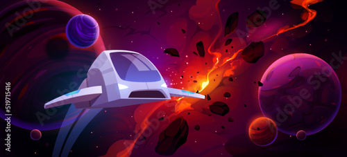 Spaceship flying in outer space with planets, explode star and glowing nebula in dark sky. Interstellar travel by shuttle, cosmos or universe explore, fantasy game scene, Cartoon vector illustration