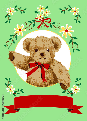 Hand drawn  illustration of teddy bear. Great for old-fashioned designs,Cute Teddy bear; greeting cards 花飾りのくまのイラスト　テディベアのパネル　緑色の背景　デザイン素材 photo