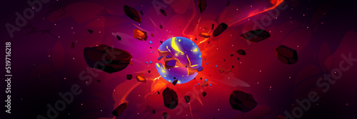 Planet explosion, asteroid or meteorite burst with fire, smoke and flying stones in outer space. Vector cartoon fantastic illustration of galaxy with stars and blue sphere blast