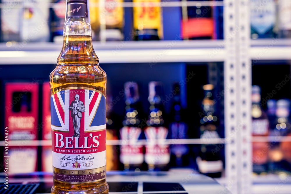 A bottle of Bell's blended scotch whisky for sale at a liquor store
