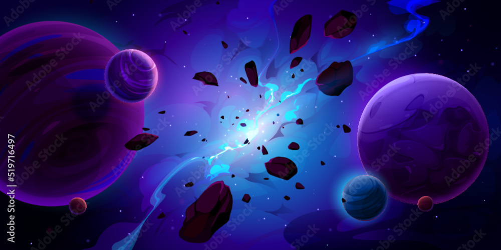 Fantasy outer space background with alien planets, stars and explosion with smoke and flying stones. Vector cartoon illustration of galaxy with fantastic nebula
