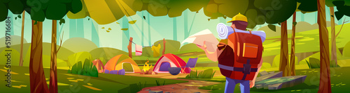 Man traveler in forest with camp. Summer landscape with tents, bonfire and hiker with map and backpack. Vector cartoon illustration of woods with trees, campsite and tourist