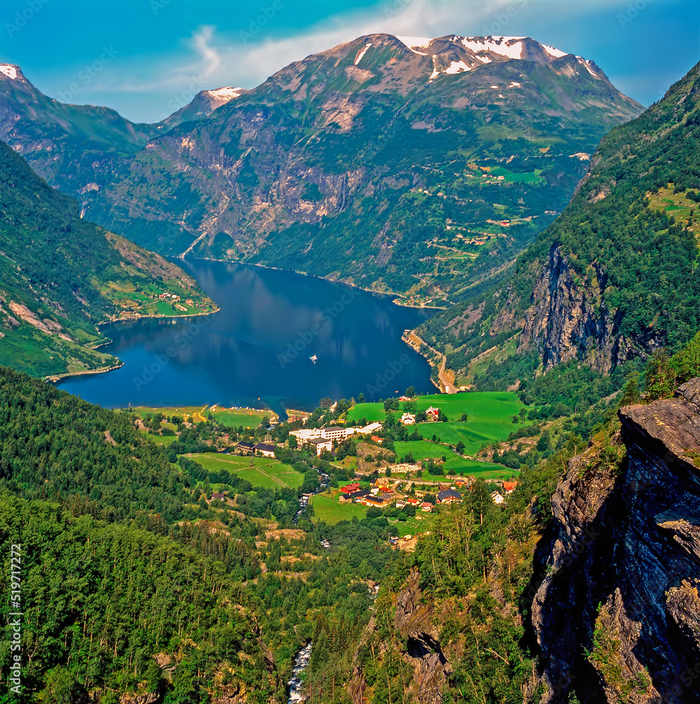 Geiranger Fjord with village in  Norway