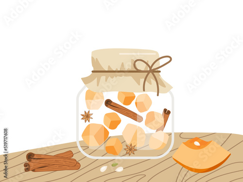 Pickled Pumpkin in glass jar on table. Cinnamon, canned food tin, pumpkin piece hand drawn doodle isolated. Jar preserved vegetables. Flat vector Food template for menu, diet concept, farmers market. 