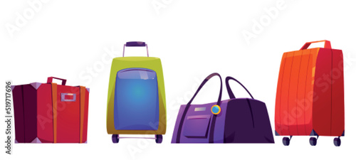 Suitcases, travel luggage, baggage and bags. Various modern or vintage accessories for tourist, holidays and vacation, female handbag or briefcase, isolated Cartoon vector illustration, icons set