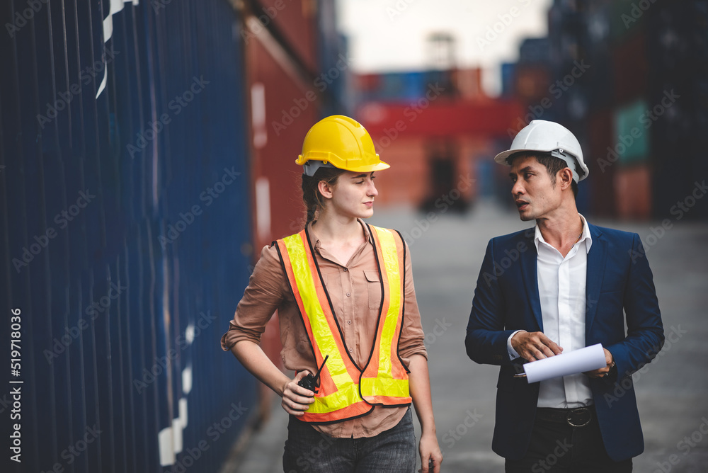 logistic shipping business concept, team of engineer foreman have a work job for cargo loading storage transport in container warehouse terminal, international export and import delivery industry logistic shipping business concept, team of engineer foreman have a work job for cargo loading storage transport in container warehouse terminal, international export and import delivery industry