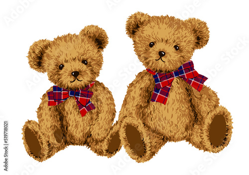 Hand drawn  illustration of teddy bear. Great for old-fashioned designs,Cute teddy bear  illustration; with white isolated background リボンを付けているくまのイラスト　テディベア　イラスト素材