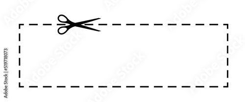 Scissors cut coupon dotted line with dash icon.