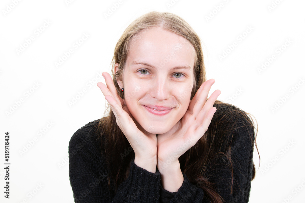 pretty portrait woman blond posing with hand on knee under chin pretty portrait woman blond posing with hand on knee under chin