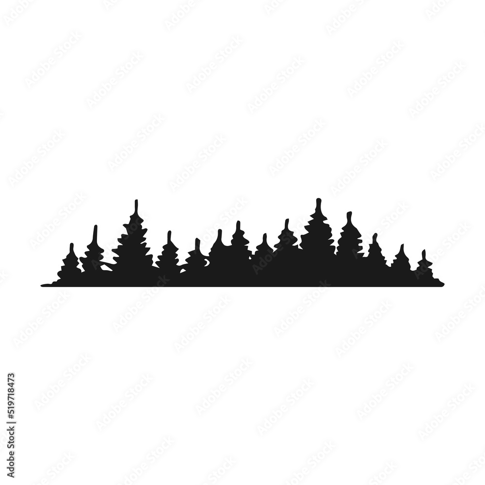 Silhouette of pine trees forest isolated on white background. Hand drawn vector illustration.