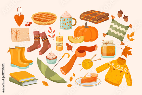 Big autumnal set. Cartoon colorful illustration with autumn symbols and attributes