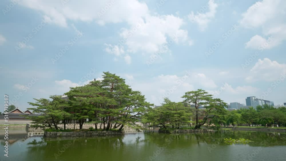 Green water lake around Gyeonghoeru Pavilion at Gyeongbokgung Palace with copy space Green water lake around Gyeonghoeru Pavilion at Gyeongbokgung Palace with copy space