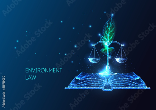 Environment law concept with open book, scales and plant sprout in futuristic glowing style on blue 