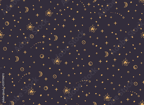 Magical seamless pattern with the stars, moon. Alchemical cosmos. Celestial pattern. Vector hand-drawn background. 