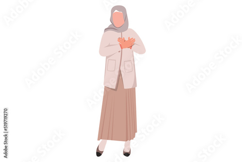 Business flat cartoon style drawing Arab businesswoman with pleased expression keeps hands on chest, impressed by good gratitude. Expresses love, thankful feelings. Graphic design vector illustration