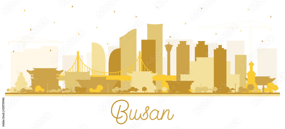 Busan South Korea City Skyline Silhouette with Golden Buildings Isolated on White.