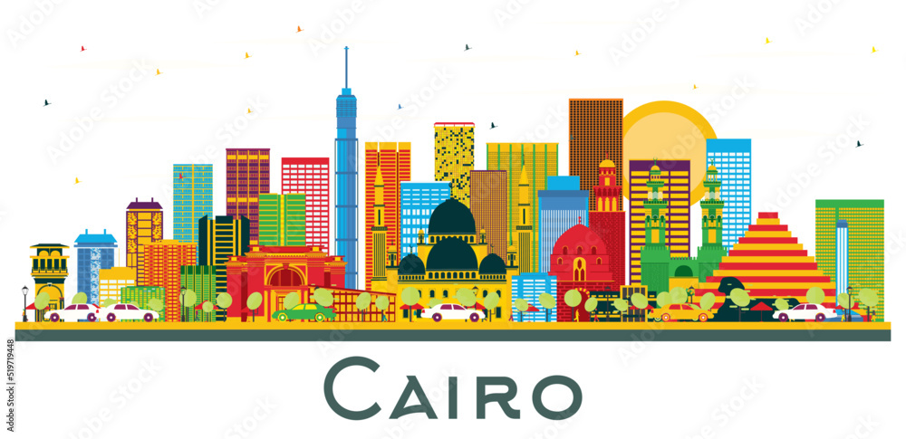 Cairo Egypt City Skyline with Color Buildings and Blue Sky Isolated on White.