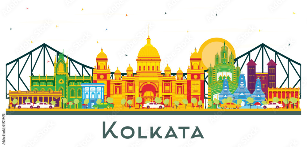 Kolkata India City Skyline with Color Buildings and Blue Sky Isolated on White.