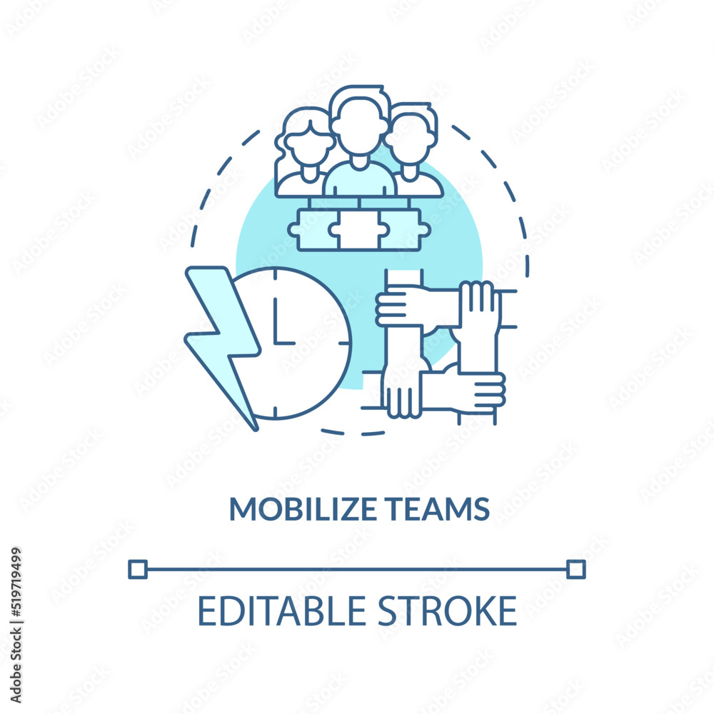 Mobilize teams turquoise concept icon. Productive cooperation. Supply chain priority abstract idea thin line illustration. Isolated outline drawing. Editable stroke. Arial, Myriad Pro-Bold fonts used Mobilize teams turquoise concept icon. Productive cooperation. Supply chain priority abstract idea thin line illustration. Isolated outline drawing. Editable stroke. Arial, Myriad Pro-Bold fonts used