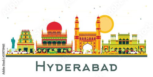 Hyderabad India City Skyline with Color Buildings and Blue Sky Isolated on White.