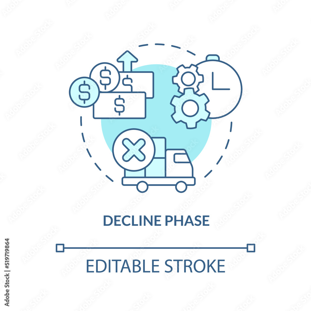 Decline phase turquoise concept icon. Consumption reduce. Stage of product lifecycle abstract idea thin line illustration. Isolated outline drawing. Editable stroke. Arial, Myriad Pro-Bold fonts used