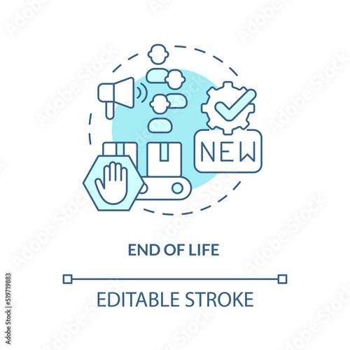 End of life turquoise concept icon. Replacement. Stage of product lifecycle abstract idea thin line illustration. Isolated outline drawing. Editable stroke. Arial, Myriad Pro-Bold fonts used