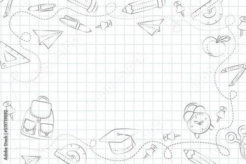 light background vector notebook in a cage with a freehand drawing of stationery items back to school