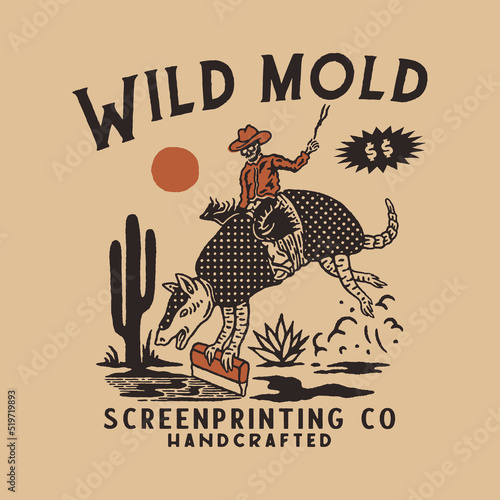 skull illustration cowboy graphic armadillo design rodeo vintage