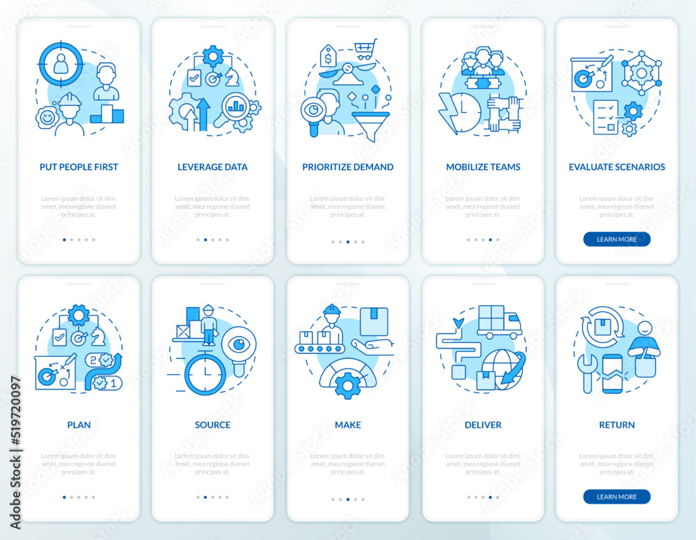 Supply chain priorities blue onboarding mobile app screen set. Walkthrough 5 steps editable graphic instructions with linear concepts. UI, UX, GUI template. Myriad Pro-Bold, Regular fonts used