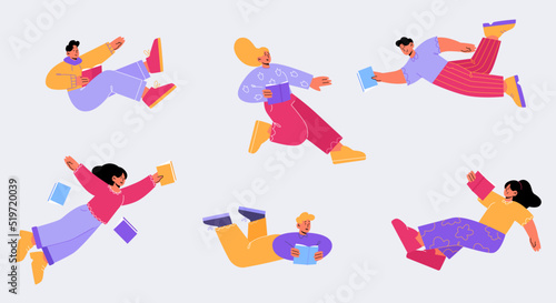 People reading books falling or flying in air. Happy male and female characters dive into fantasy world, relaxed sparetime, students education, read literature, line art flat vector illustration, set
