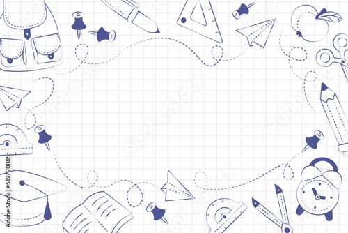 background hand drawn blue ink school supplies vector