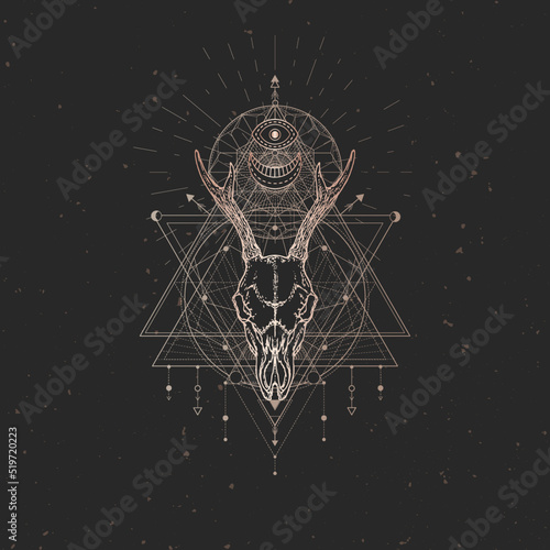 Vector illustration with hand drawn Roe deer skull and Sacred geometric symbol on black vintage background. Abstract mystic sign.