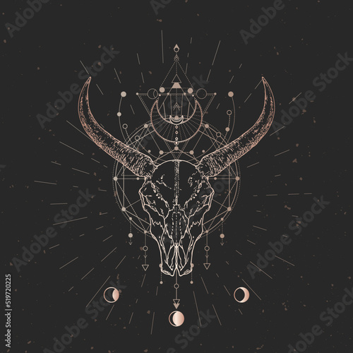 Vector illustration with hand drawn Wild buffalo skull and Sacred geometric symbol on black vintage background. Abstract mystic sign.