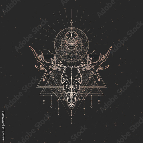Vector illustration with hand drawn Moose skull and Sacred geometric symbol on black vintage background. Abstract mystic sign.