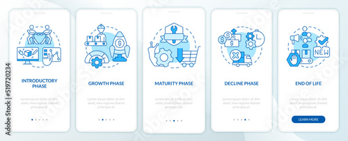 Stages of product lifecycle blue onboarding mobile app screen. Walkthrough 5 steps editable graphic instructions with linear concepts. UI, UX, GUI template. Myriad Pro-Bold, Regular fonts used photo