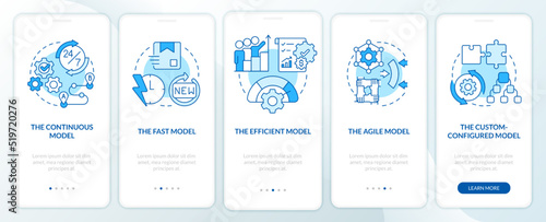 Supply chain models blue onboarding mobile app screen. Industry walkthrough 5 steps editable graphic instructions with linear concepts. UI, UX, GUI template. Myriad Pro-Bold, Regular fonts used